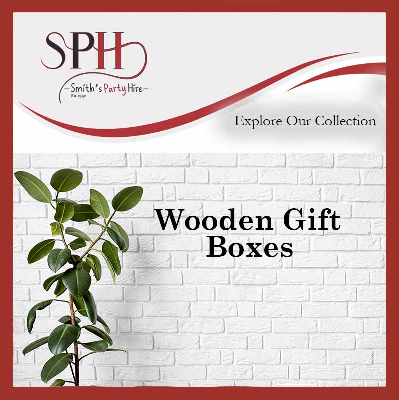 Wooden gift boxes for hire, party hire, party rentals